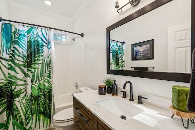 full bathroom with crown molding, vanity, shower / tub combo, and toilet