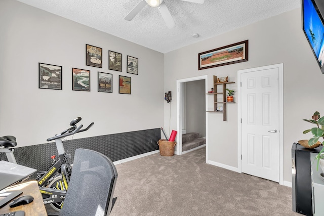 workout room featuring ceiling fan, carpet flooring, baseboards, and a textured ceiling