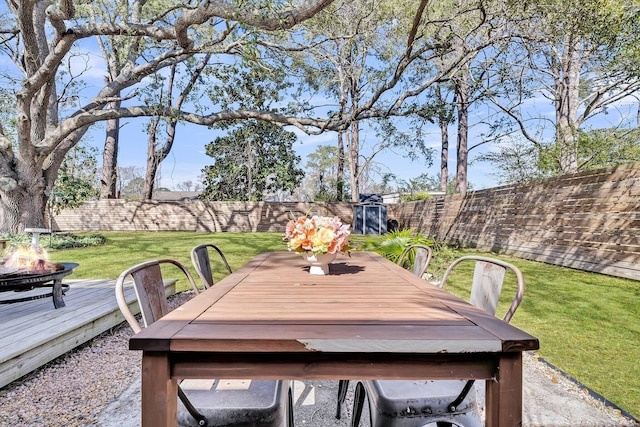 deck with a fenced backyard, a fire pit, outdoor dining space, and a yard