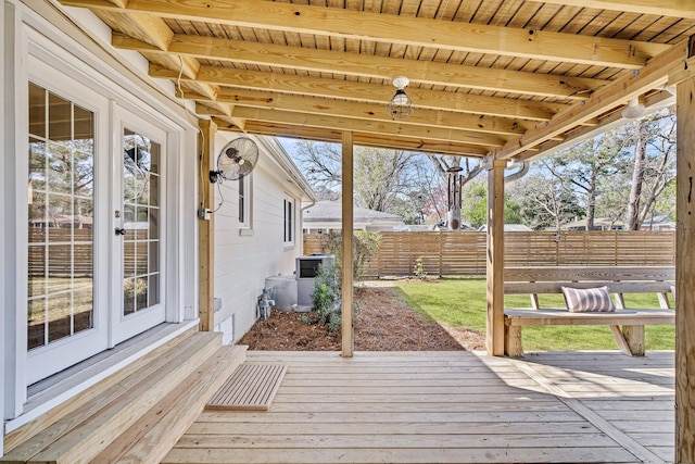 deck with central AC unit and fence