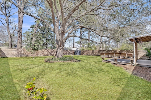 view of yard with a fenced backyard and a wooden deck