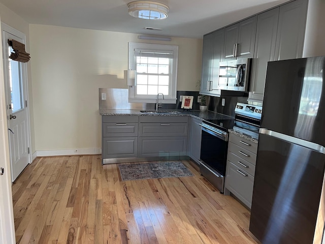 kitchen with light wood finished floors, stainless steel appliances, a sink, and gray cabinetry