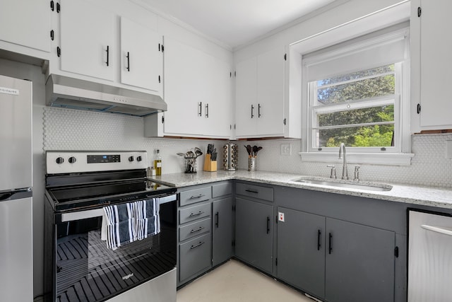 kitchen with white cabinetry, sink, gray cabinetry, decorative backsplash, and stainless steel appliances