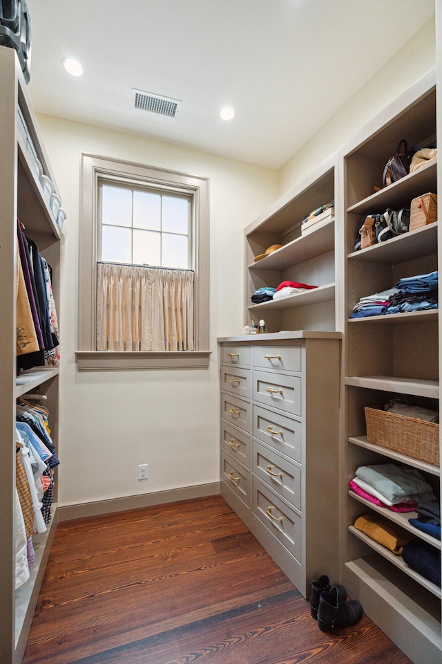 spacious closet with dark wood-type flooring