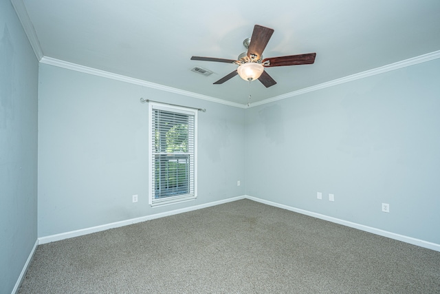 carpeted empty room featuring crown molding and ceiling fan