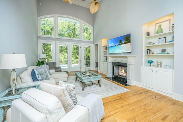 living room with light hardwood / wood-style floors, a high ceiling, plenty of natural light, and a high end fireplace