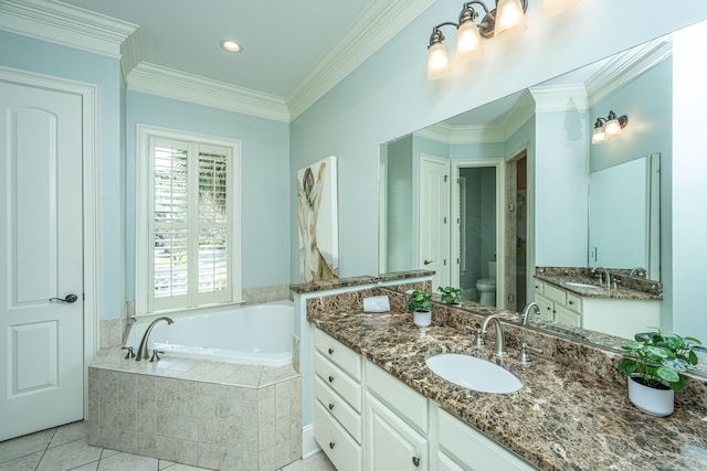 bathroom with toilet, tile patterned flooring, tiled tub, ornamental molding, and vanity