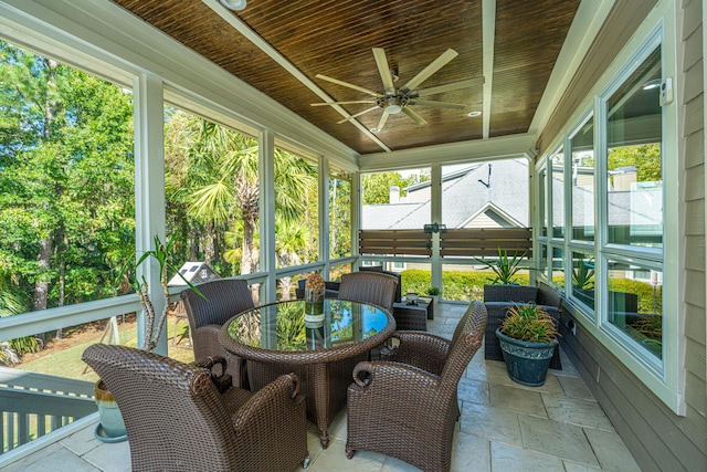 sunroom / solarium with wood ceiling, plenty of natural light, and ceiling fan