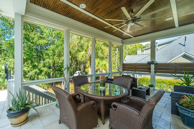 sunroom / solarium featuring ceiling fan, wooden ceiling, and a wealth of natural light