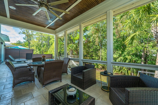 sunroom / solarium featuring wood ceiling and ceiling fan