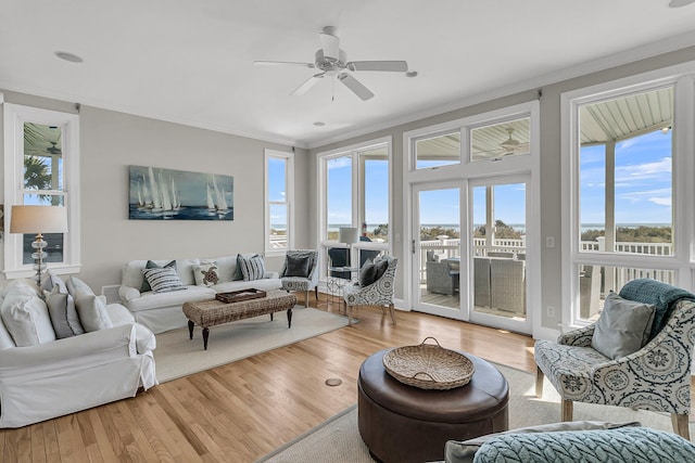 living room with light wood finished floors, ceiling fan, and ornamental molding