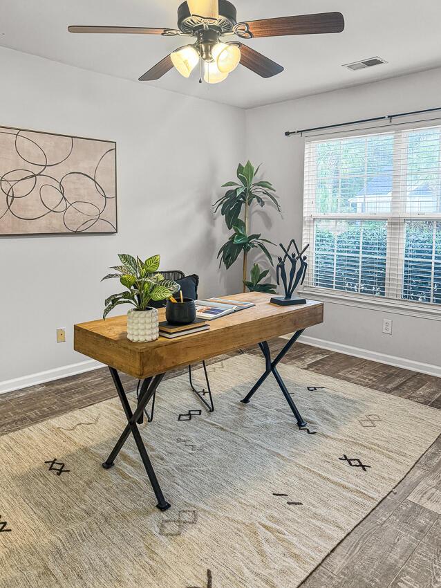 office area featuring hardwood / wood-style floors and ceiling fan