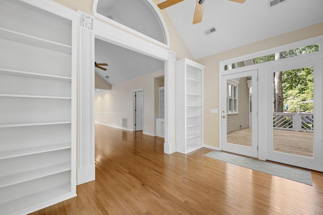 9175 Spring Branch Ct, North Charleston, SC 29406 - spare room featuring a ceiling fan, high vaulted ceiling, wood finished floors, and built in shelves
