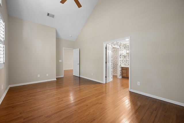 9175 Spring Branch Ct, North Charleston, SC 29406 - unfurnished bedroom featuring high vaulted ceiling, hardwood / wood-style flooring, connected bathroom, and ceiling fan