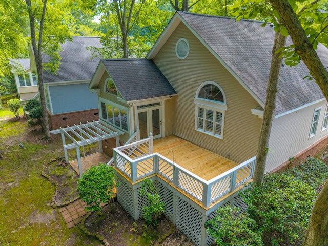 9175 Spring Branch Ct, North Charleston, SC 29406 - back of property with french doors, a deck, roof with shingles, and a pergola