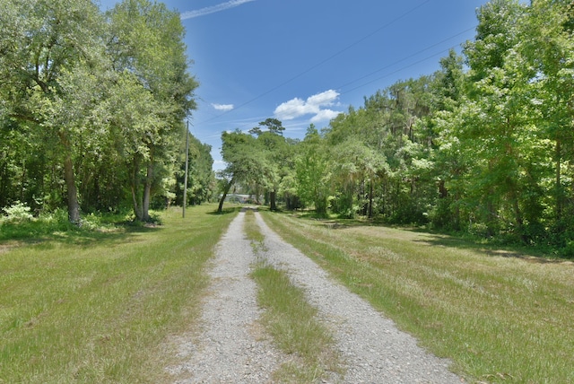 view of road featuring a wooded view