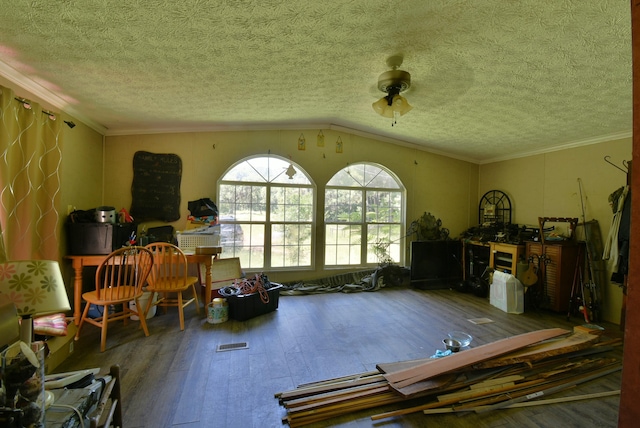 misc room featuring vaulted ceiling, crown molding, a textured ceiling, and hardwood / wood-style flooring