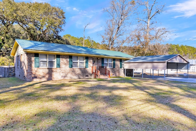 ranch-style home with a carport and a front lawn