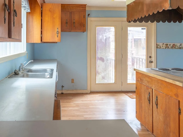 kitchen with electric cooktop, sink, and light hardwood / wood-style floors