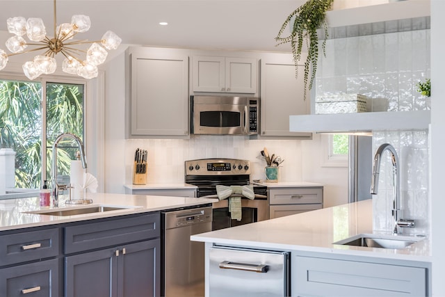 kitchen featuring backsplash, light countertops, appliances with stainless steel finishes, and a sink