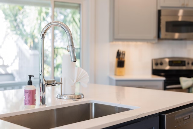 details with appliances with stainless steel finishes and a sink