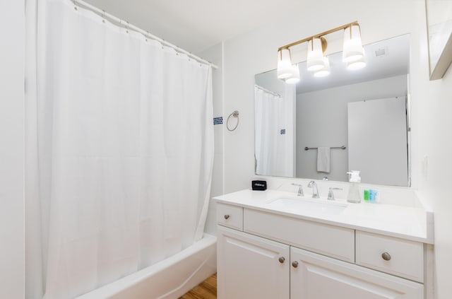 full bath with shower / bath combination with curtain and vanity