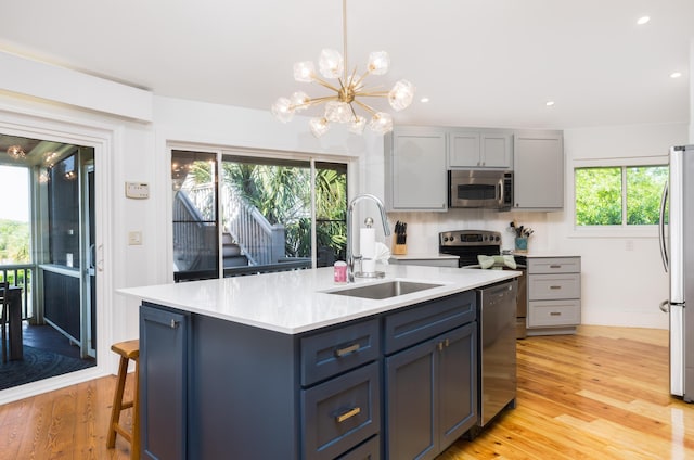 kitchen with a sink, stainless steel appliances, a kitchen island with sink, light wood finished floors, and light countertops