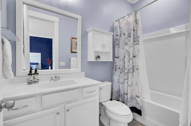 full bathroom with toilet, tile patterned flooring, shower / bath combo with shower curtain, and vanity