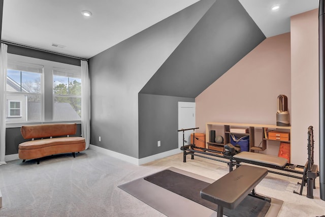 exercise area with recessed lighting, visible vents, light carpet, vaulted ceiling, and baseboards
