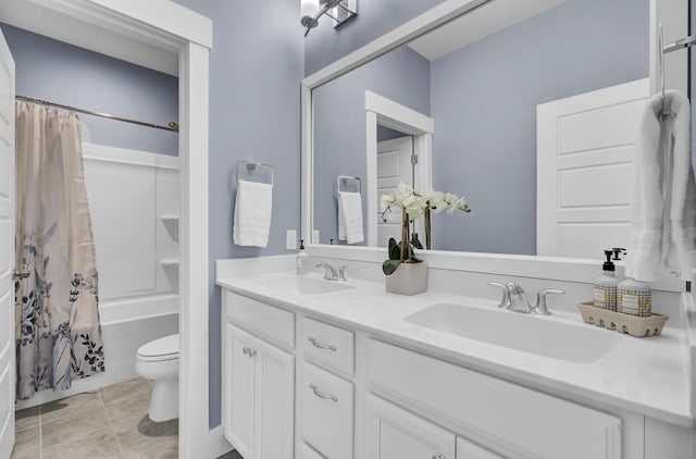 bathroom with toilet, shower / bathtub combination with curtain, double vanity, and a sink
