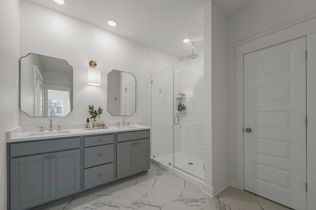 1713 Banning St, Mount Pleasant, SC 29466 - full bathroom featuring a shower stall, marble look tiles, double vanity, and recessed lighting