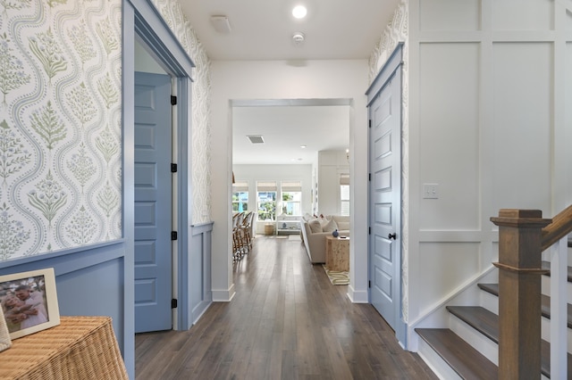 1713 Banning St, Mount Pleasant, SC 29466 - corridor with dark wood finished floors, stairs, and recessed lighting