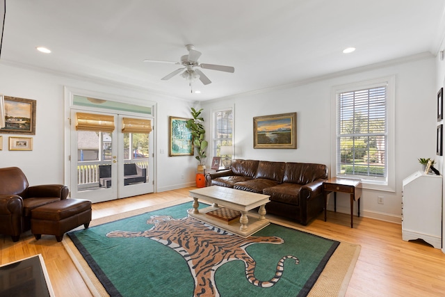 601 King Haven Ln, Johns Island, SC 29455 - living room with crown molding, ceiling fan, light wood-style floors, recessed lighting, and baseboards