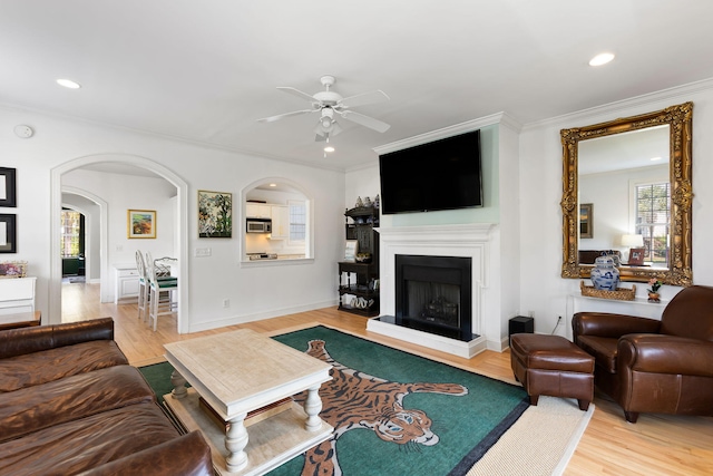 601 King Haven Ln, Johns Island, SC 29455 - living area featuring ceiling fan, healthy amount of natural light, light wood-style floors, crown molding, and recessed lighting