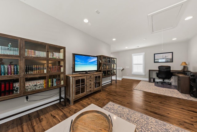 2208 Primus Rd, Mount Pleasant, SC 29466 - living room with attic access, wood finished floors, an office area, baseboards, and recessed lighting