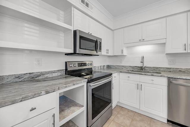 kitchen featuring visible vents, open shelves, a sink, stainless steel appliances, and white cabinetry