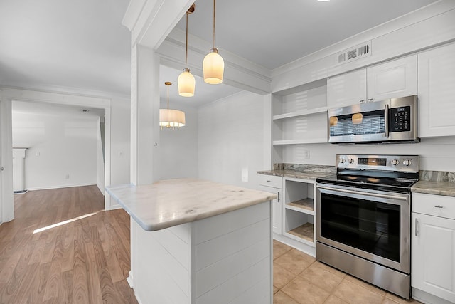 kitchen with visible vents, open shelves, ornamental molding, stainless steel appliances, and white cabinets