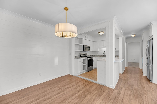 kitchen featuring open shelves, stainless steel appliances, light countertops, white cabinets, and light wood-style floors