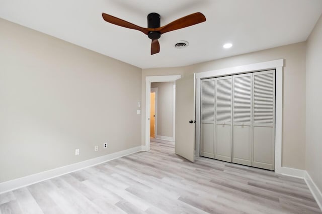 1161 Monaco Dr, Mount Pleasant, SC 29464 - unfurnished bedroom with light wood-style floors, recessed lighting, a closet, and a ceiling fan
