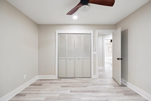1161 Monaco Dr, Mount Pleasant, SC 29464 - unfurnished bedroom with light wood-style flooring, recessed lighting, a closet, and a ceiling fan