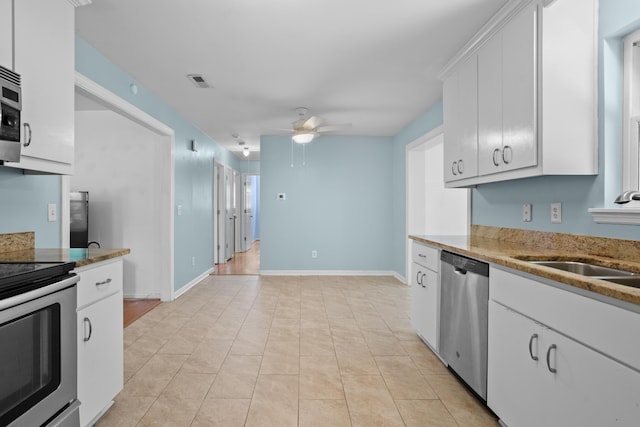 kitchen with appliances with stainless steel finishes, a sink, a ceiling fan, white cabinetry, and visible vents