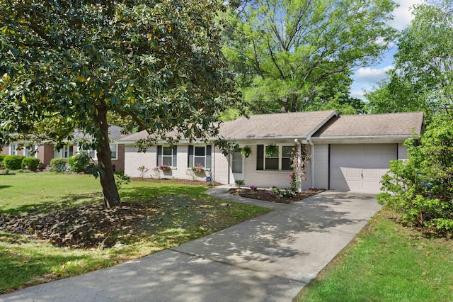 single story home featuring a front yard, a garage, brick siding, concrete driveway, and a shingled roof