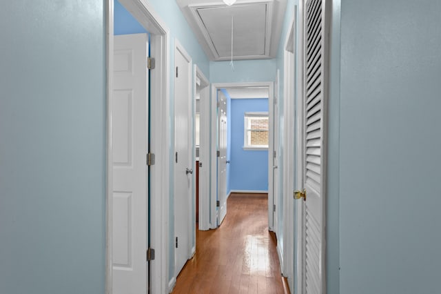 corridor with attic access and hardwood / wood-style floors