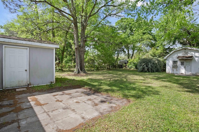 view of yard with a patio area, a shed, and an outbuilding