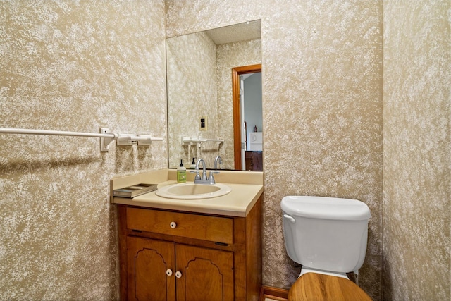 209 Jungle Rd, Edisto Beach, SC 29438 - half bathroom with toilet, vanity, and wallpapered walls