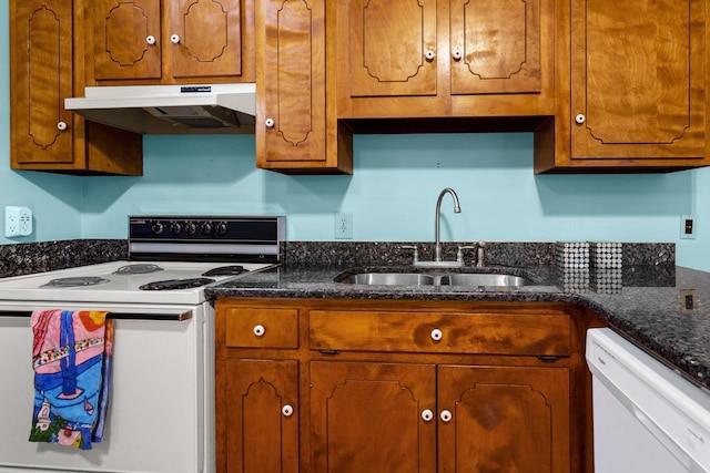 209 Jungle Rd, Edisto Beach, SC 29438 - kitchen featuring white appliances, under cabinet range hood, a sink, and brown cabinets