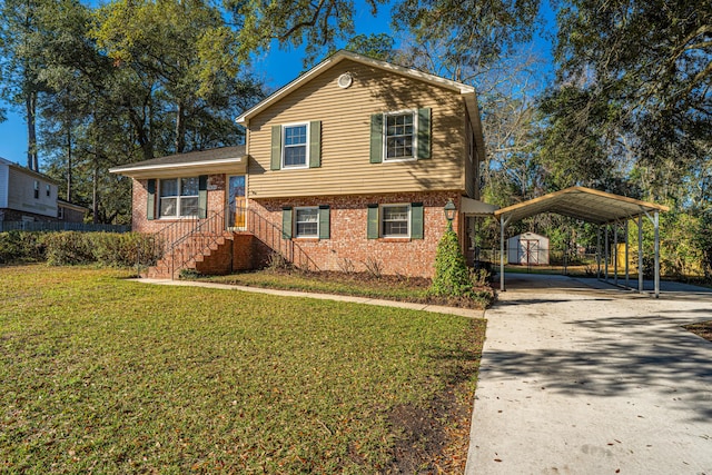 tri-level home featuring a front yard and a carport