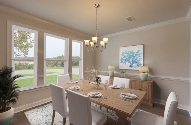 dining space featuring ornamental molding, dark wood-type flooring, visible vents, and baseboards