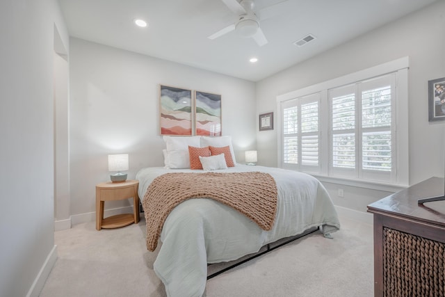 carpeted bedroom with baseboards, a ceiling fan, visible vents, and recessed lighting