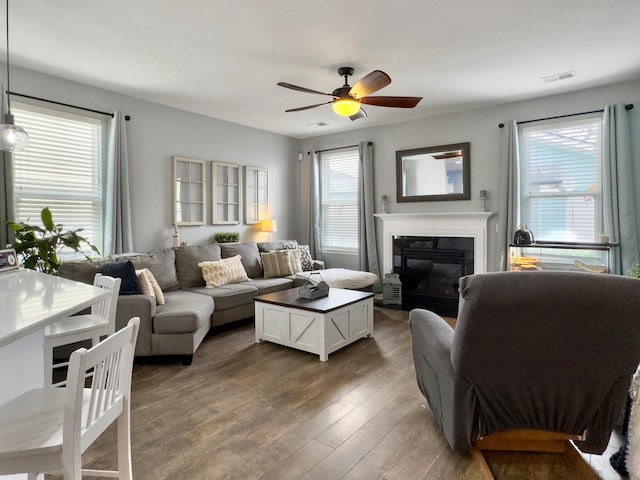 living room featuring dark wood-type flooring and ceiling fan